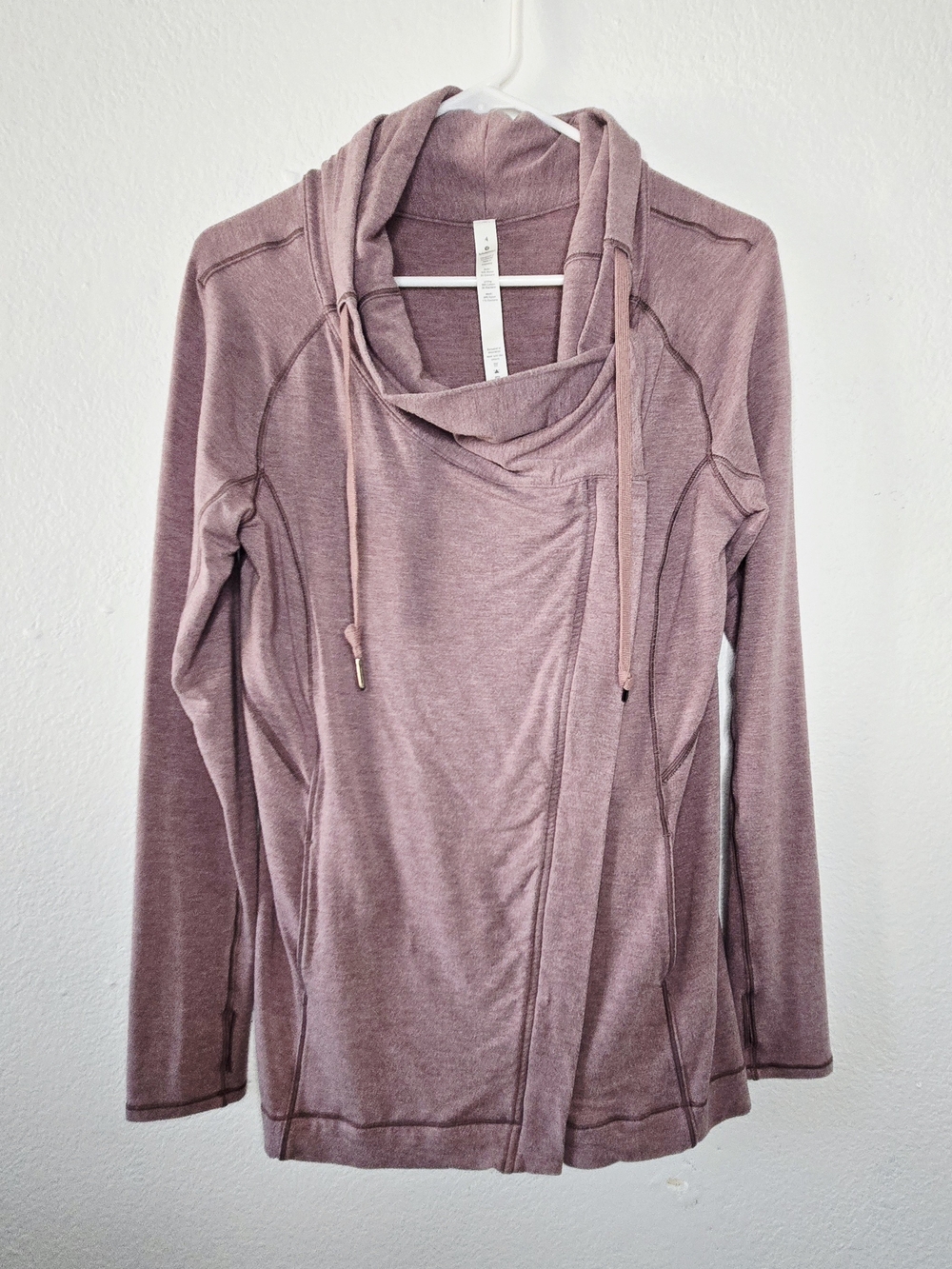 Lululemon Hidden Zipper Drawstring Cowl Neck Jacket Thumbholes Mauve sz 4